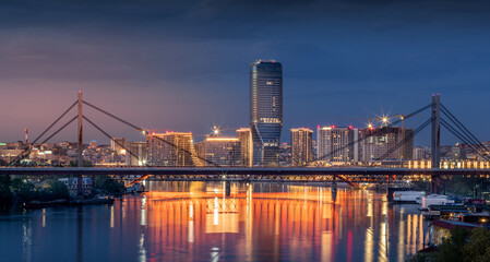 Wall Mural - Panoramic night view of Belgrade Waterfront, river Sava and Old Belgrade