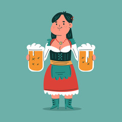 German woman with big beer mugs vector cartoon character isolated on background.