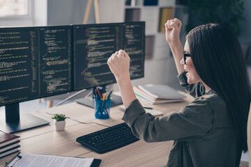 Profile side view portrait of attractive qualified girl geek improving web development rejoicing at workplace workstation indoors