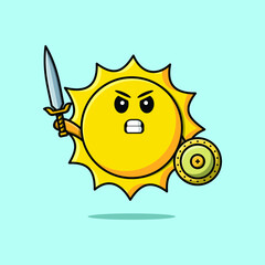 Wall Mural - Cute cartoon character Sun holding sword and shield in modern style design