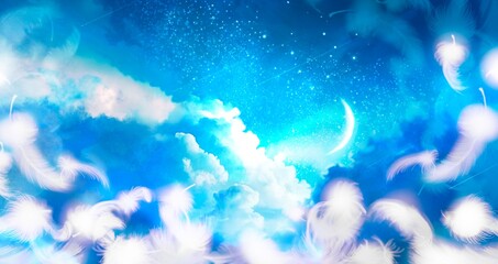 Wall Mural - Illustration of blue shining heavenly night sky background and beautiful fluffy dancing angel's blue shiny wings.