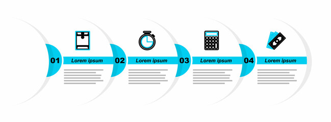 Poster - Set line Stacks paper money cash, Calculator, Stopwatch and Envelope icon. Vector