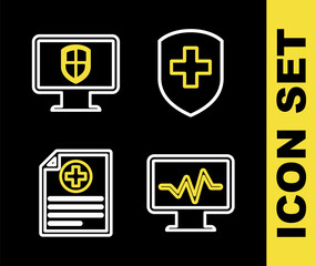 Sticker - Set line Medical shield with cross, Monitor cardiogram, Clinical record and and icon. Vector