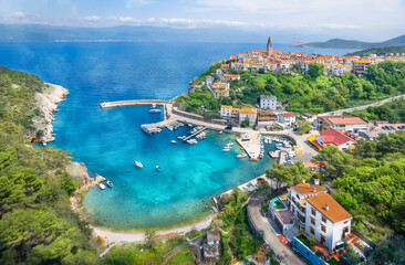 Wall Mural - aerial view with vrbnik village, krk island, croatia