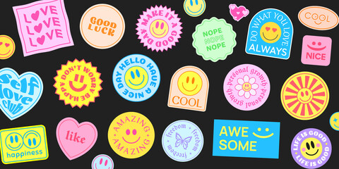 Aufkleber - Cool Trendy Patches Vector Design. Abstract background with stickers. Good Vibes, Positive Energy and Good Luck Badges.