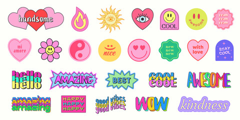 Poster - Set of Cool Y2K Smile Stickers Vector Design. Trendy Pop Art Patches.