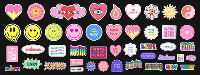 Poster - Pop Art Sticker Pack. Collections Of Cute Emoji Smile Badges. Set Of Cool Trendy Patches.