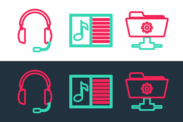 Sticker - Set line FTP settings folder, Headphones with microphone and Music book note icon. Vector