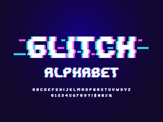 Vector glitch display font design with uppercase, numbers and symbols