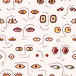 Vector Seamless Pattern with Abstract Various Strange Faces with Evil, Funny, Comic and Bizarre Eye Different Shapes. Woman, Man, Alien Face. Group of People. Background Colorful Modern Art.