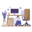 © passionastia - Young man with mental psychological disorder at work. Office worker sitting under desk. Stress, ptsd, panic attack. Flat vector illustration. Anxiety and fear, employe character burnout concept