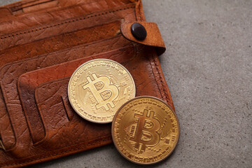 Wall Mural - Brown leather crypto curreency wallet with a bitcoin gold coin. Digital finance concept