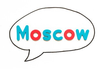 Alphabet letter with word moscow in black line hand drawing as bubble speech on white board background