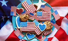 Home Baking Patriotic  Cookies Icing Like American Flag. Patriotic Background For US National Holidays, Happy Memorial Day	