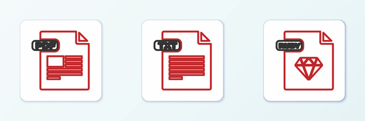Set line RUBY file document, PDF and TXT icon. Vector