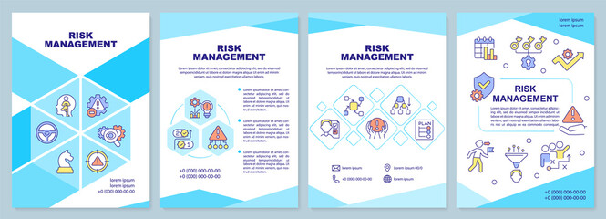 Risk management blue brochure template. Corporate safety. Leaflet design with linear icons. 4 vector layouts for presentation, annual reports. Arial-Black, Myriad Pro-Regular fonts used