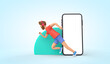 Fitness running app concept. 3d Rendering. Cartoon character.male runner with a blank smartphone