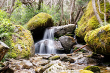 Mossy Rocks And Small Waterfall In The Wilderness