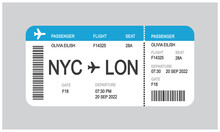 Realistic Airline Ticket Design With Flight Time And Passenger Name, Vector, Illustration.