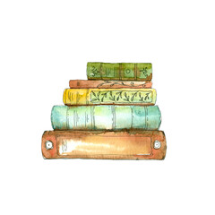 Stack of books with decorative sprinkles. Watercolor illustration of vintage old books on a white background.