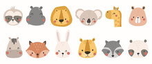 Set Of Cute Animal Vector. Lovely And Friendly Wild Life With Raccoon, Panda, Hippo, Rabbit In Doodle Pattern. Adorable Funny Animal And Many Characters Hand Drawn Collection On White Background.