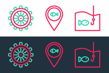 Set Line Fishing Hook With Fish, Ship Steering Wheel And Location Fishing Icon. Vector