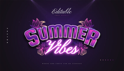 Summer Vibes Text in Purple Retro Style with Neon and 3D Effect. Editable Retro Text Style Effect