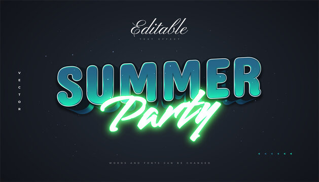 Summer Party Text with Retro Style and Neon Effect. Editable Text Style Effect