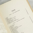 Open vintage book, contents page. 