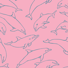 Wall Mural - Seamless pattern with dolphin. Hand drawn illustration converted to vector. Marine background.