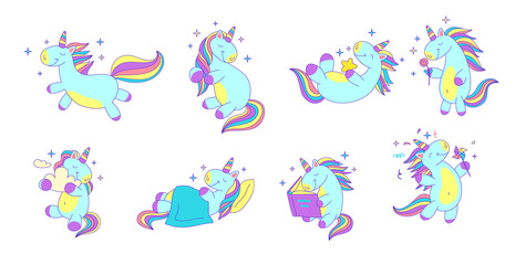 Sticker - Cartoon Color Characters Unicorns Icons Set Magic Horse Concept Flat Design Style. Vector illustration of Character Mascot Unicorn