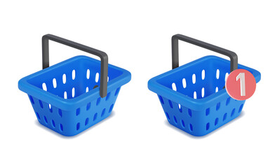 Wall Mural - 3d Different Blue Shopping Basket Set Plasticine Cartoon Style. Vector illustration of Baskets for Retail Supermarket