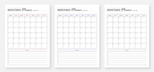 Wall Mural - Simple monthly planner. Cute Monthly Planner. Monthly planner printable template. Monthly planner pages design.