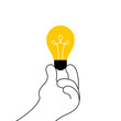 Idea concept. Cartoon hand holds a lighted bulb. New idea. Vector cartoon illustration