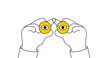 Hands hold binoculars. Cartoon hands with binoculars with eyes. Vector cartoon outline illustration 