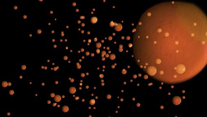Wall Mural - orange color water drops fly in super slow motion in outer space. 4k. 3d. isolated black background.
