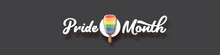 Happy Pride Month Wide Horizontal Banner With Pride Color Flag Ice Cream Isolated On Grey Background. LGBT Pride Month Or Pride Day Poster, Invitation Party Card With Popsicle