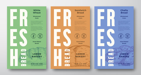 Wall Mural - Fresh Baked Bread Abstract Vector Packaging Design Labels Collection. Modern Typography Banners, Hand Drawn Bread Loaf and Pieces Sketch Silhouettes Set. Color Paper Background Layouts Isolated