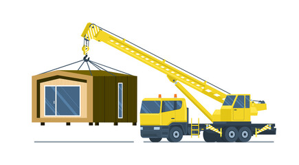 Wall Mural - Truck crane lifts assembled modular home. Vector illustration.