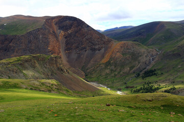 Wall Mural - Large alpine valley of the Dzhelo river at the Karagem pass in Altai, mountain rocky slopes, two rivers, summer, sunny