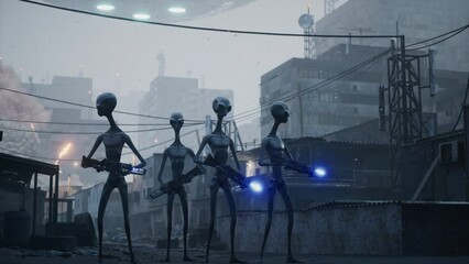 Poster - alien invaders from deep space with energy weapons have landed in the city. apocalyptic atmosphere o