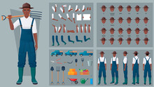 Male Farmer Character Creation Set With Tools, Emotions, Gestures, Lip-sync, Pickup Truck Premium Vector