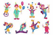 Circus Clown. Carnival Characters. Juggling Man With Joker Face And Bright Costume. Mime Or Jester Performance. Festival Artists Show Tricks With Ball And Wheel. Vector Illustration Set