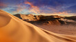 canvas print picture Panorama of sand dunes Sahara Desert at sunset. Endless dunes of yellow sand. Desert landscape Waves sand nature