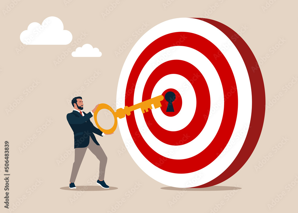 Businessman putting golden key into bullseye target key hold to unlock ...