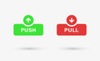 push and pull buttons sign with arrow up down icon in modern label banner. arrows direction button
