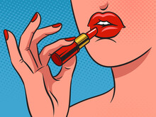 Girl Paints Her Lips With Lipstick Doing Makeup Pop Art Retro Vector Illustration. Comic Book Style Imitation.