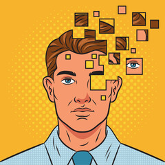 Wall Mural - Broken fragmented man personality mental illness pop art retro vector illustration. Comic book style imitation.