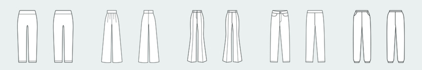Wall Mural - Pants, trousers, jeans. Set of female vector templates isolated on a grey background. Front and back view. Outline fashion technical sketch of clothes model.