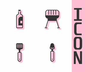 Sticker - Set Spoon, Bottle of wine, Spatula and Barbecue grill icon. Vector